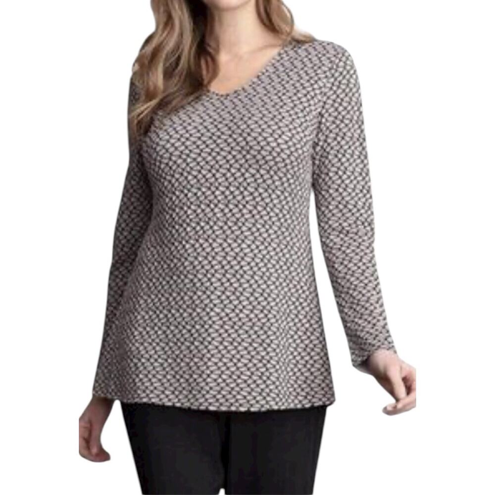 Habitat Tunic Top Pucker Knit Tan Black Long Sleeve Jersey V-Neck Medium